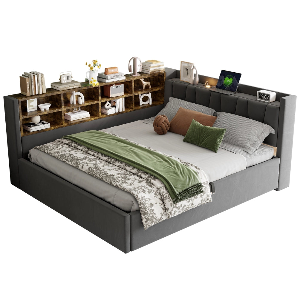 Letto imbottito multifunzionale 140x200 cm in velluto grigio con contenitore; luci e porte USB/Type-C
