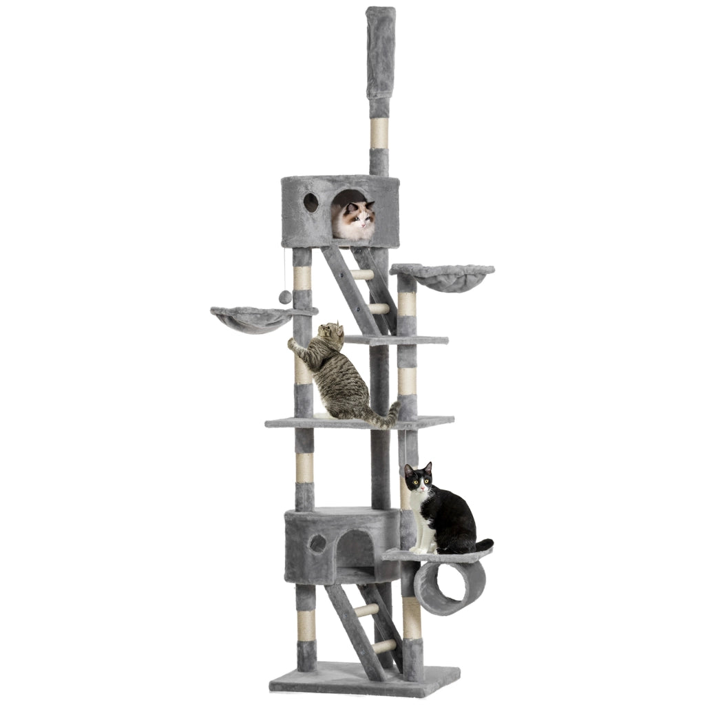 Albero tiragraffi per gatti con piattaforme, amaca, palla e tana ¨C zephmum ¨C Grigio chiaro 240-260 cm