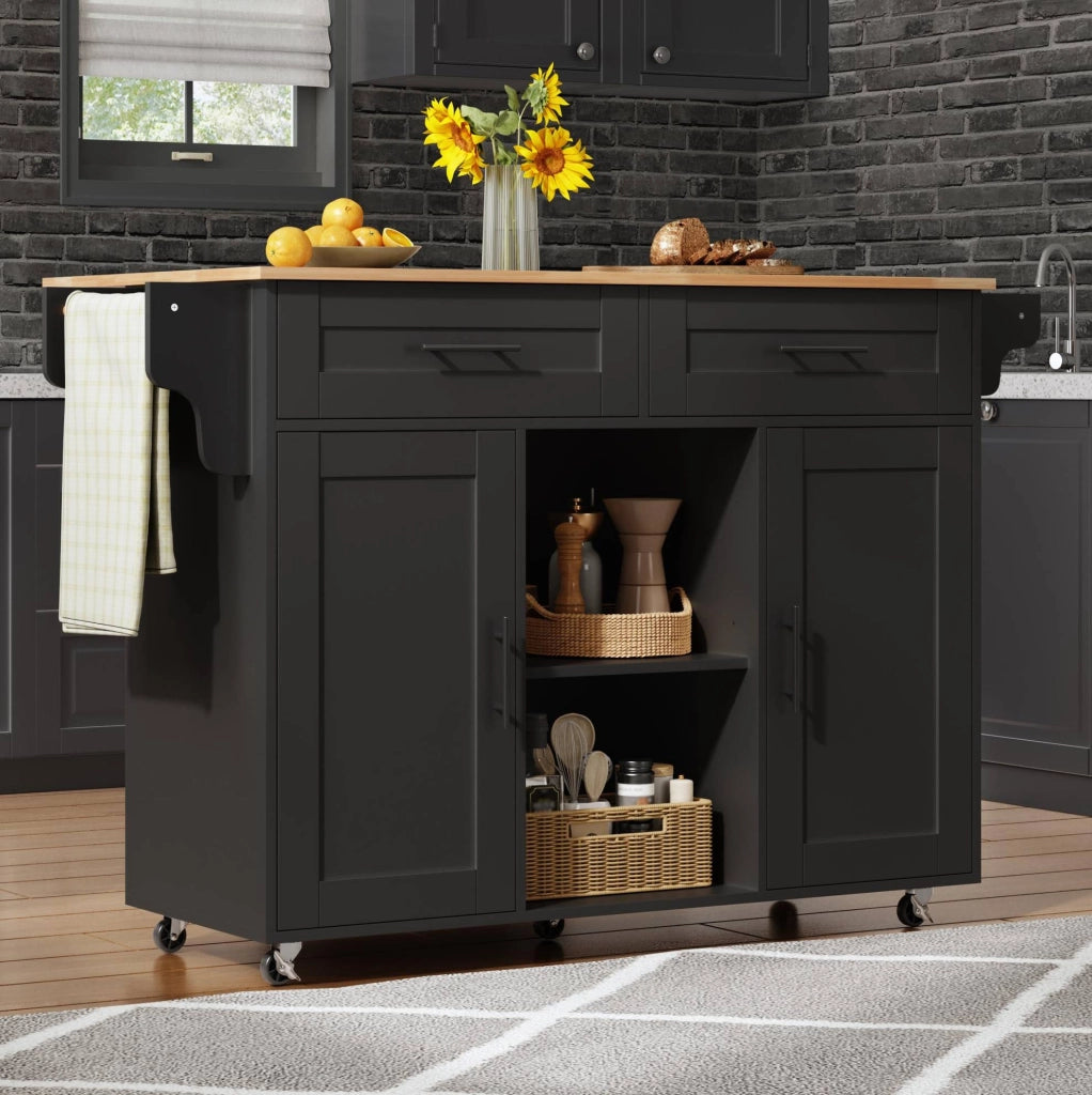 Isola da cucina mobile con piano pieghevole 145x70x94;5 cm in MDF nero con 5 ruote