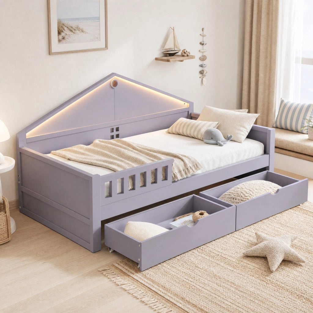 Letto singolo 90x200 cm con LED e cassetti in legno e MDF grigio