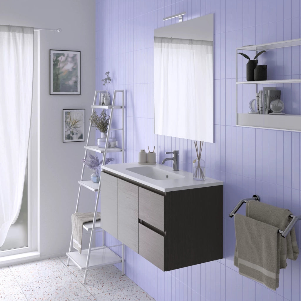 Mobile da bagno sospeso 100cm rovere scuro con lavabo e specchio | Rata
