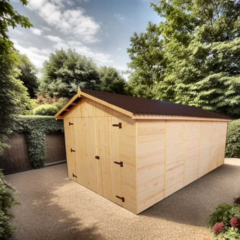 Garage in legno da giardino 280x480 cm – pareti 16 mm, tetto bitumato e porta tripla – ED2848N Foresta