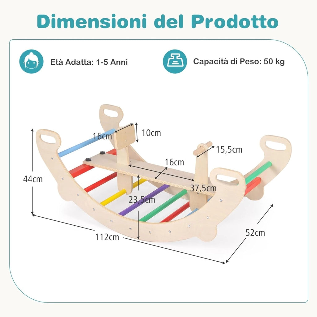 4 in 1 Arrampicata per Bambini, Arco Cavallo a Dondolo Multifunzionale in Legno, Dondolo a 35°, Ideale per Bambini 1-5 Anni, 112 x 52 x 44 cm