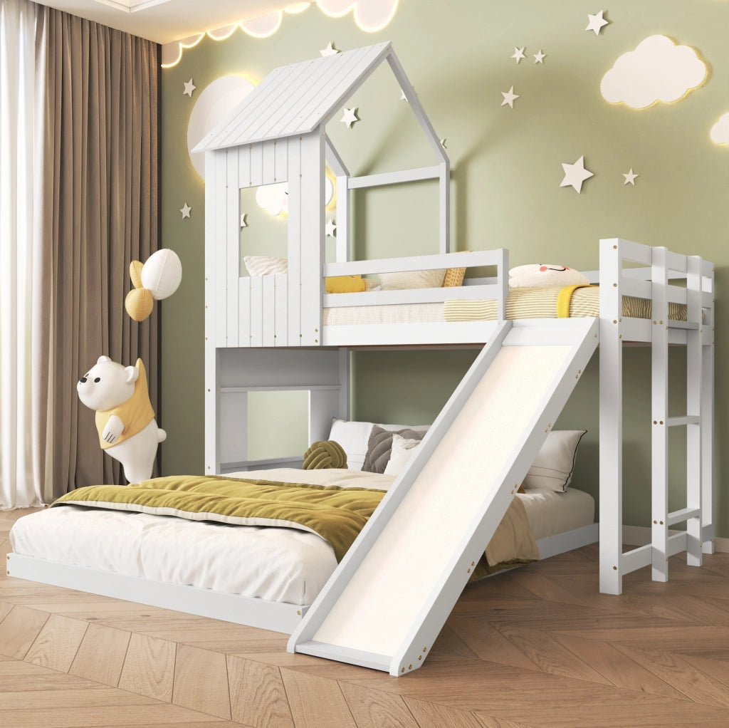 Letto a castello a casetta con scivolo e scala; pino e MDF; bianco; 90x200 e 140x200 cm