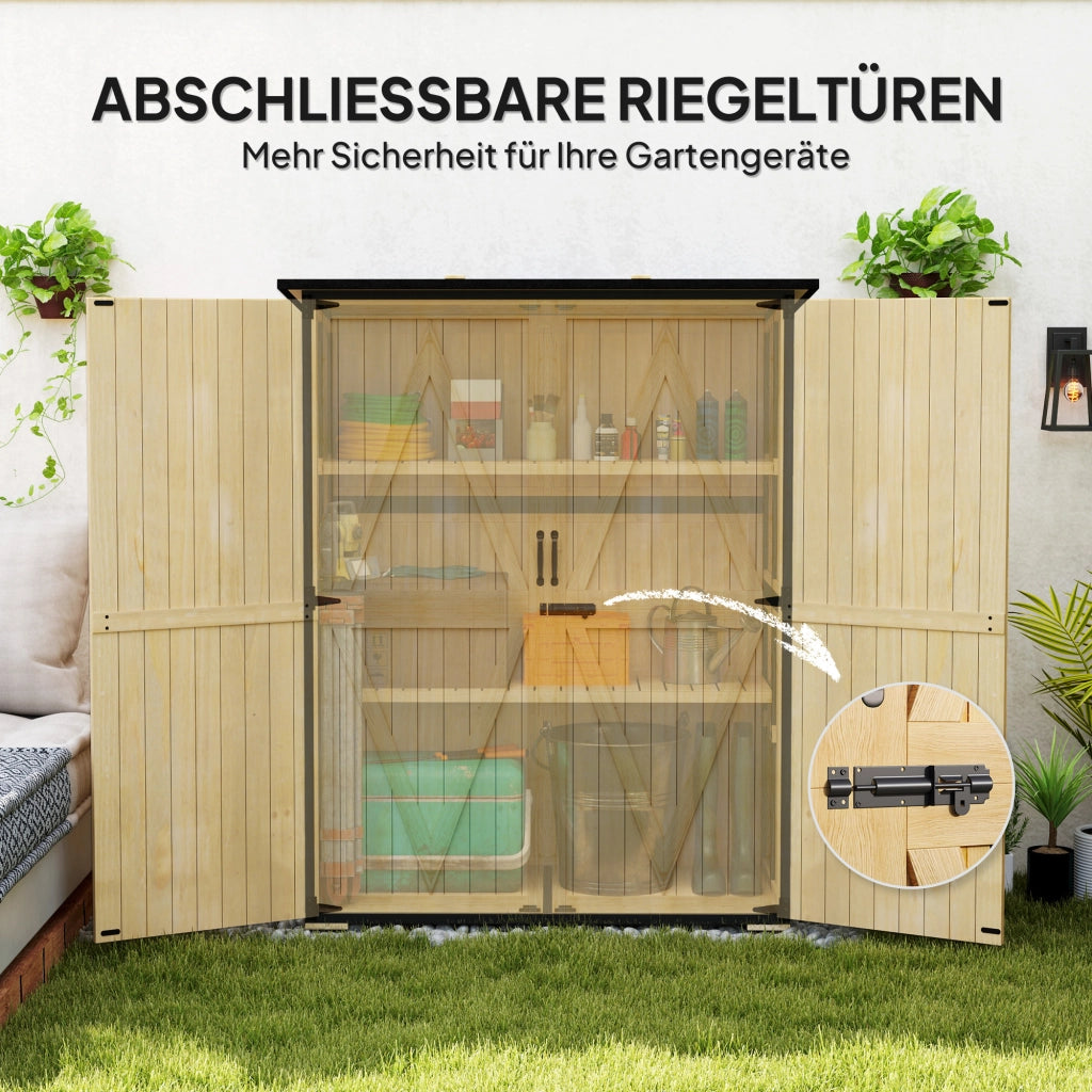Armadio da giardino in legno e acciaio con tetto in asfalto ¨C zephmum ¨C 2 ripiani, porte bloccabili, colore naturale