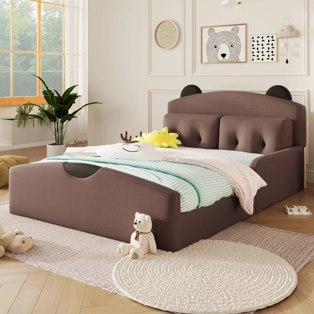 Letto 140x200 cm - Lenzuola di lino,Testiera imbottita,Include 2 cuscini decorativi,Color caff¨¨