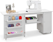 2 in 1 Mobiletto Cucito, Tavolo Cucire Pieghevole, con 4 Ruote, Armadio Versatile in Legno, per Salone/Salotto/Ufficio, Carico di 55kg, 158,5x50x74cm (Bianco)