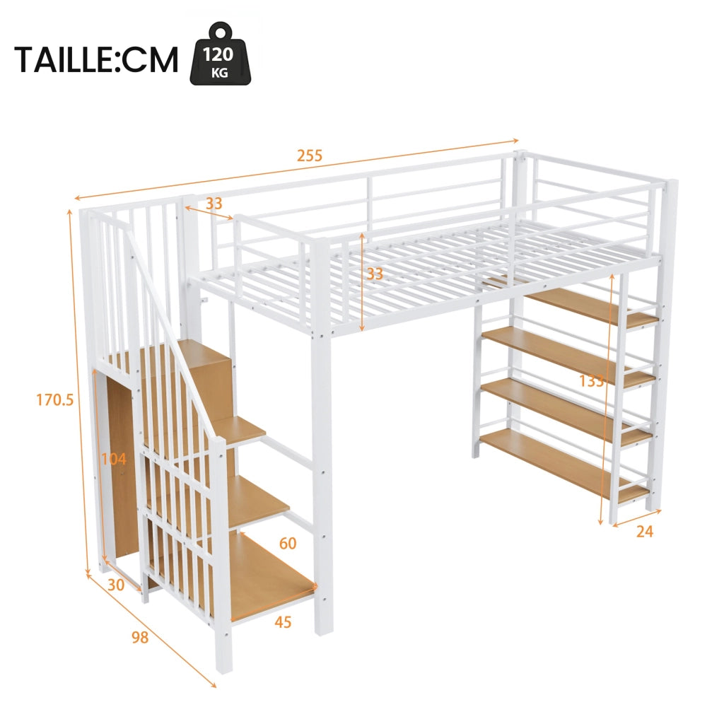 Letto a Soppalco Singolo con Scala Contenitore; Armadio Compatto e Mensole; 90 x 200 cm; senza Materasso