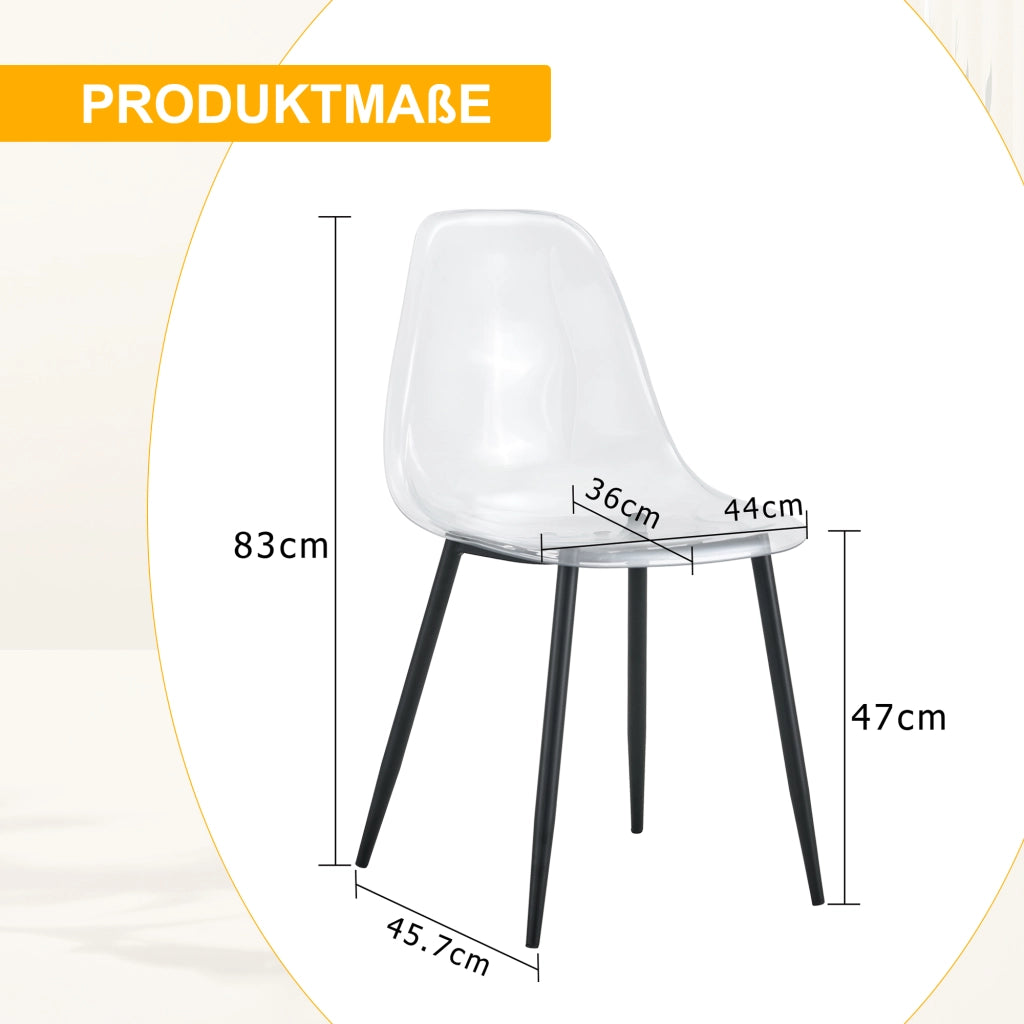 Sedie da pranzo trasparenti, 4 pezzi in plastica con gambe in metallo nero e piedini antiscivolo