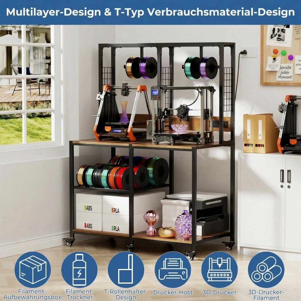 Mobile contenitore per 2 stampanti 3D con ripiani aperti e supporti filamento, per officina, 119.9 × 59.9 × 160.0 cm
