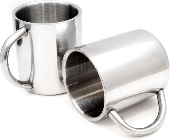 Set di 2 bicchieri/thermos in acciaio inossidabile, doppio strato, isolato, 220 ml, bicchiere/moka in colore argento.