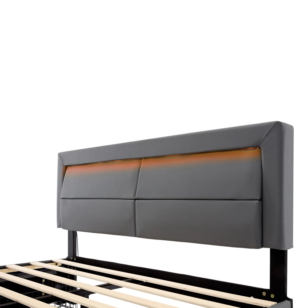 Letto imbottito matrimoniale 140x190 cm con USB; LED e 4 cassetti; grigio; in PU