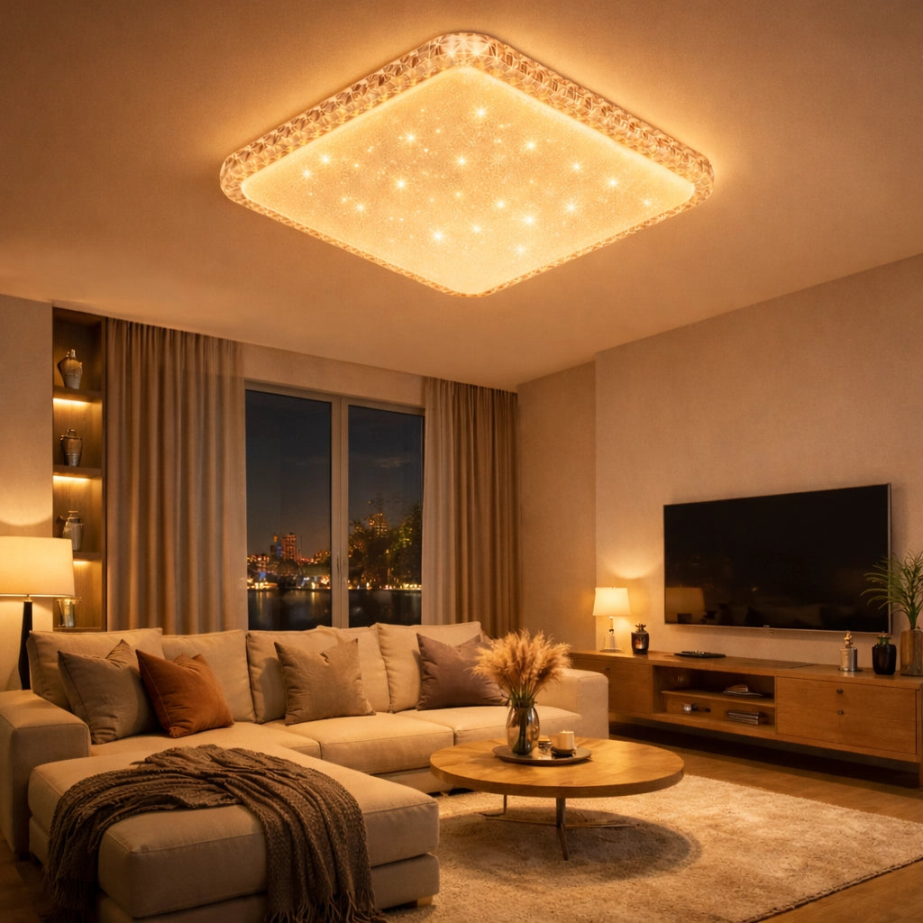 Plafoniera LED 58x58 cm 48W 3840LM Dimmerabile con Telecomando, Cambio Temperatura Colore, Soffitto Acrilico Effetto Cielo Stellato, IP20, Fascio 120°