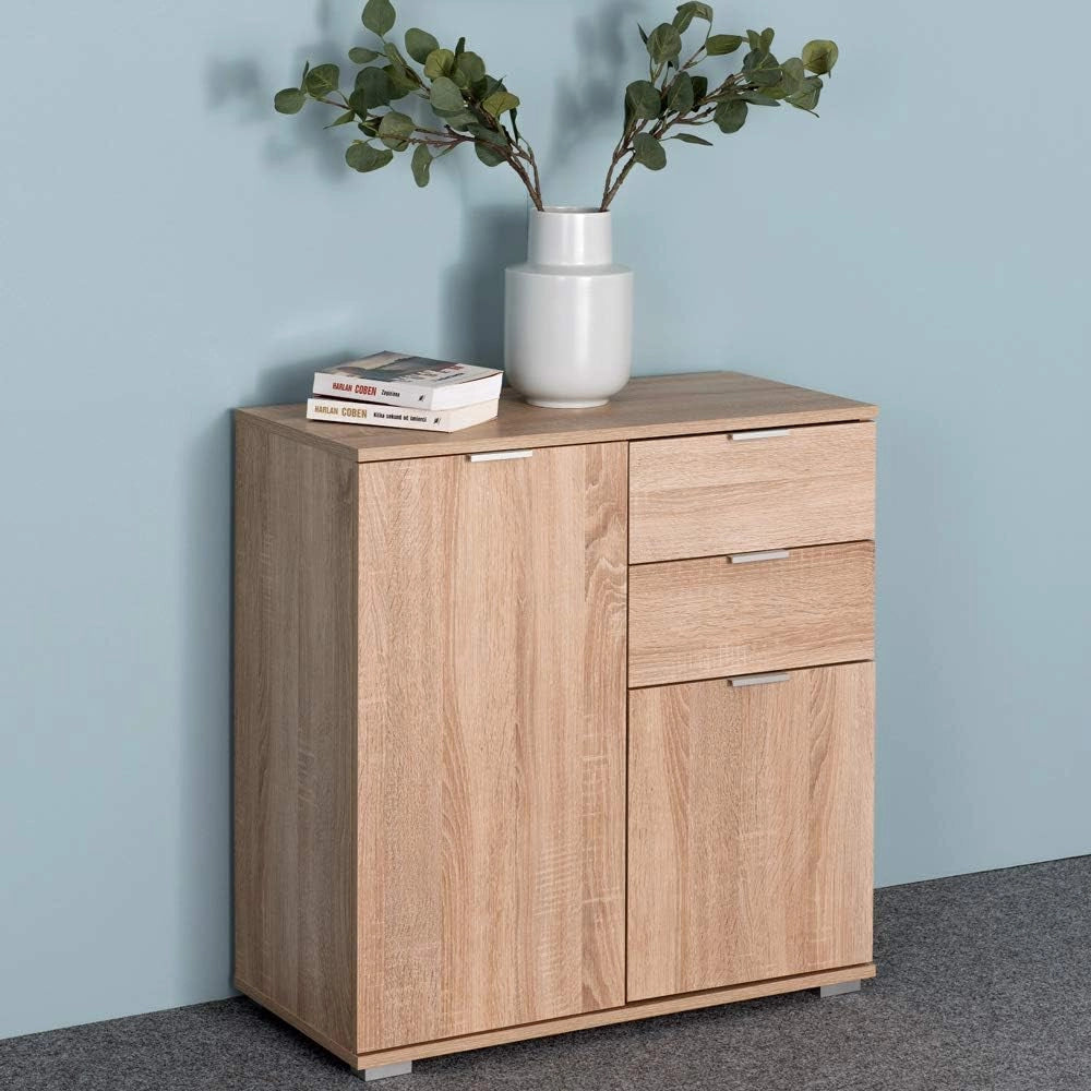 ® Cassettiera Alba 2 Cassetti 2 Ante 71x74x35 cm Mobile Comò Entrata Credenza Effetto Legno Mobiletto Ingresso
