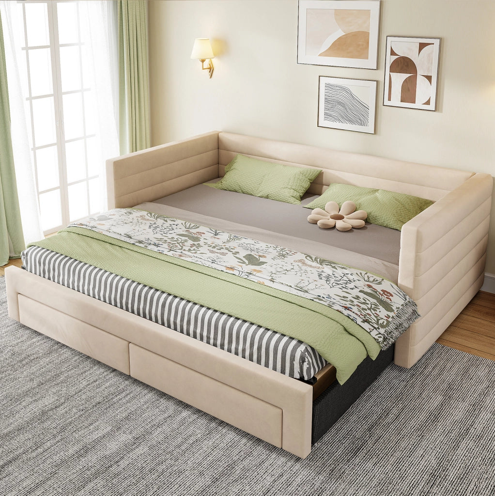 Letto imbottito 3 in 1 estraibile 90x190 cm con 2 cassetti; beige