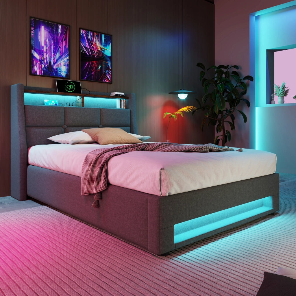 Letti contenitori 90x200 cm con LED e USB; lino grigio (Senza materasso)