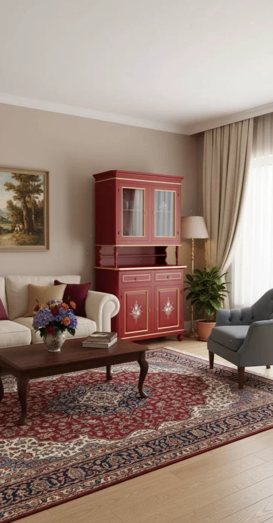 Cristalliera 2 porte shabby legno rosso decorata filo oro 104x43x208 - Mobili 2G