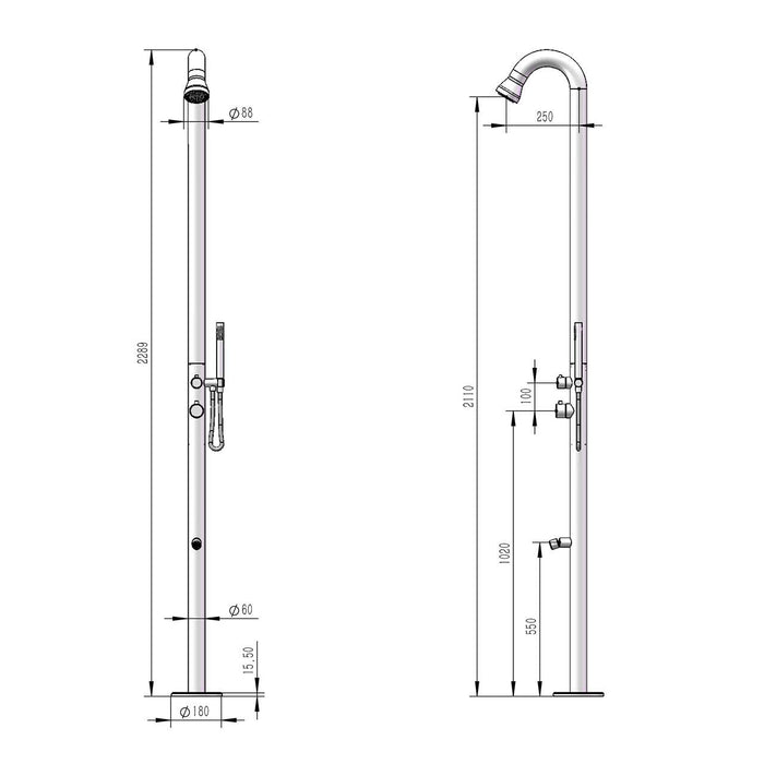 Doccia da Giardino 228,9x18x25 cm con Doccetta e Lavapiedi Sined Bosa Inox