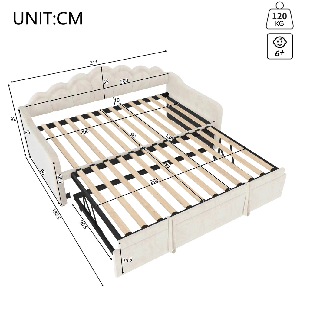 Letto singolo estraibile 90x200 cm in velluto beige con LED multicolore e MDF