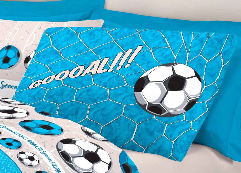 Completo Lenzuola Linea Pensieri Delicati 100% Cotone Disegno Calcio - Singolo - Azzurro