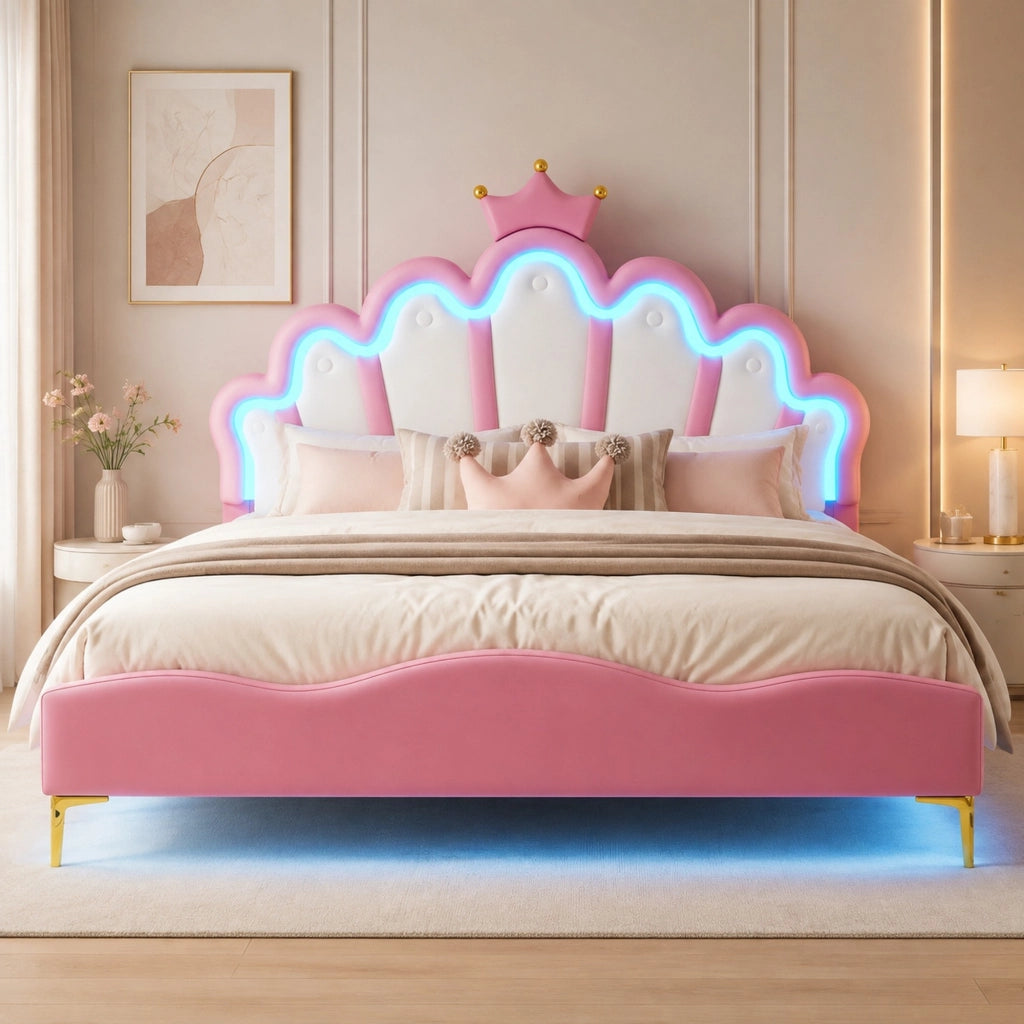 Letto matrimoniale 140x200 cm con testiera a corona, illuminazione LED e rivestimento in PU rosa