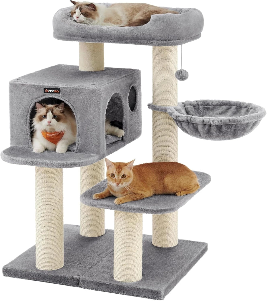 FEANDREA Tiragraffi, Albero per Gatti con Piazzola XXL in Peluche, Ampia Casetta e Cuccia Rotonda, unità Mobile, Spesse Colonne Completamente Rivestite in Corda Sisal, Stabile, Grigio Chiaro PCT01W