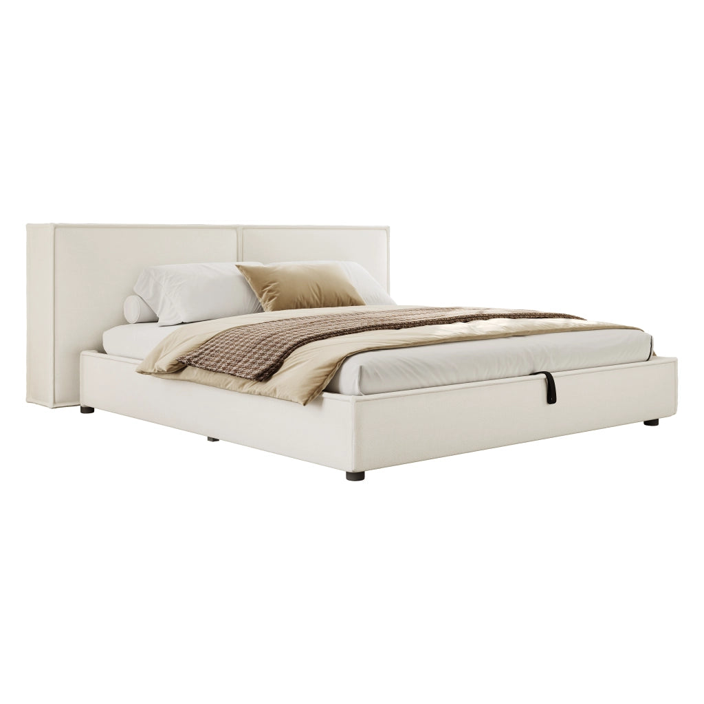Letto matrimoniale 180x200 cm in Bouclé bianco con contenitore idraulico, rete a doghe e testiera imbottita
