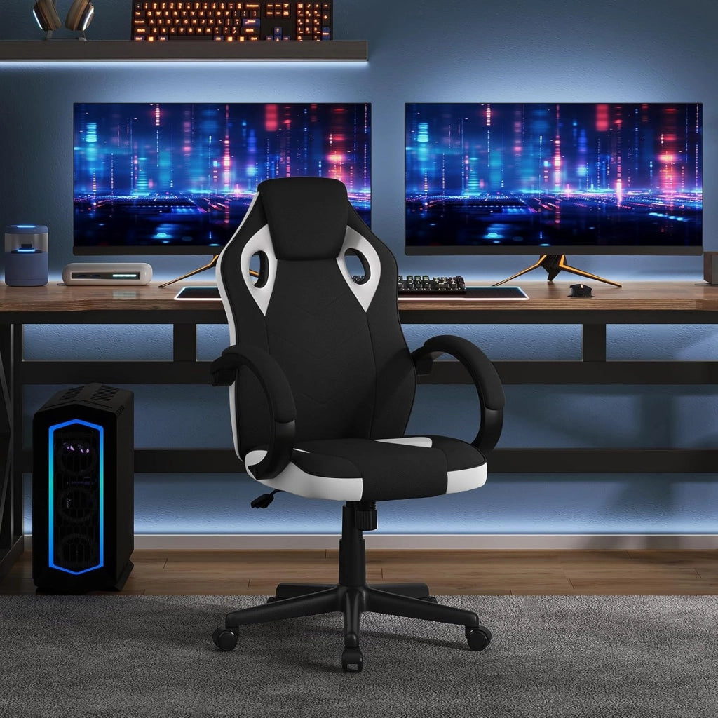 Sedia Gaming, Sedia per PC, Ergonomica con Tessuto Traspirante, Altezza Regolabile, Ruote, Schienale, Braccioli e Funzione Basculante, Nero+Bianco