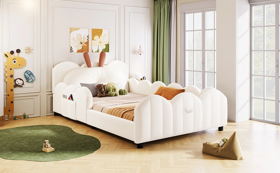 DESMIU Letto Bambini 1 Piazza con Sponde, Testiera Imbottita e Cuscino Coniglio 90 × 200 cm, Senza Materasso