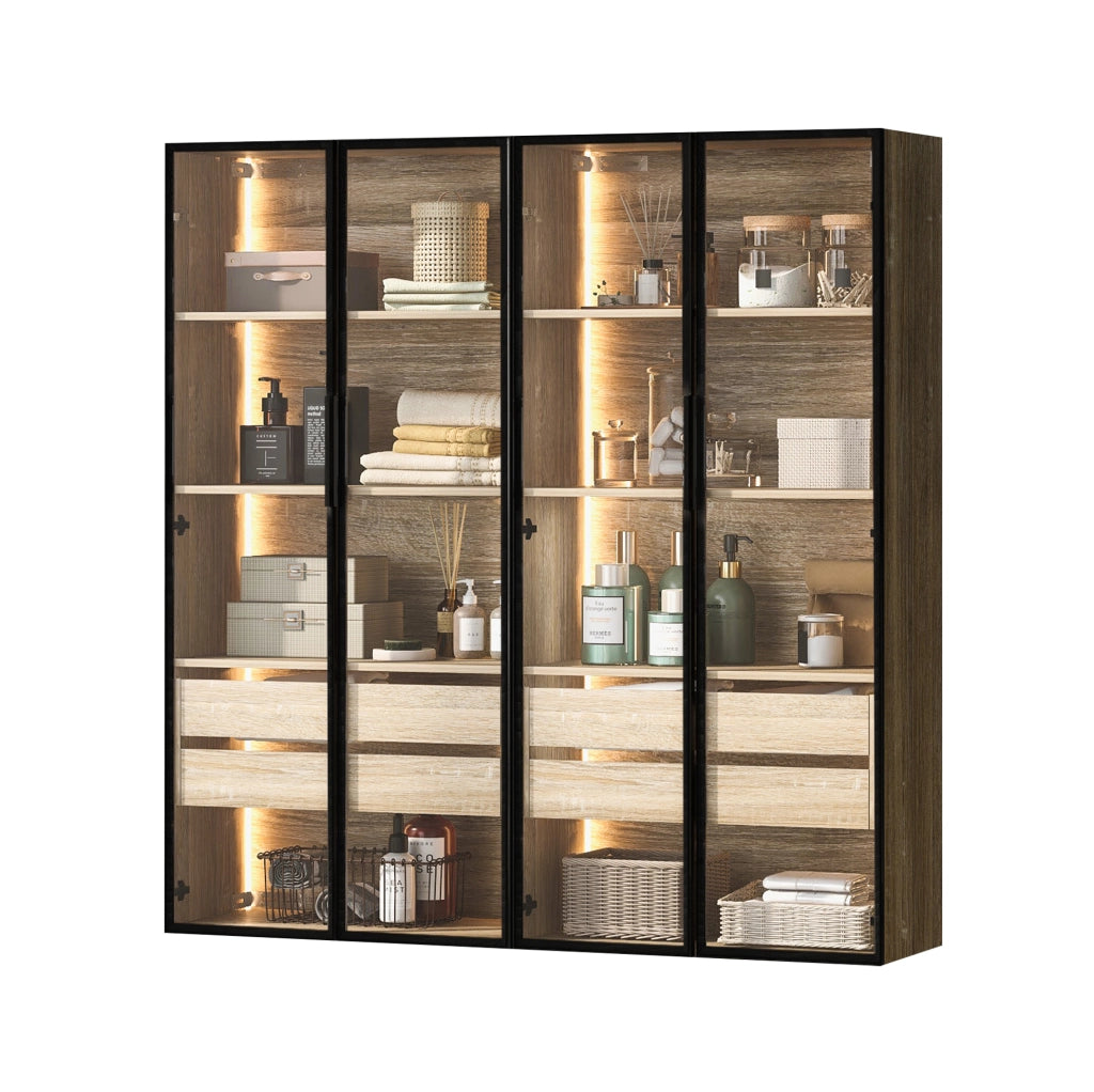 Set di 2 armadi in MDF con LED e vetro satinato naturale