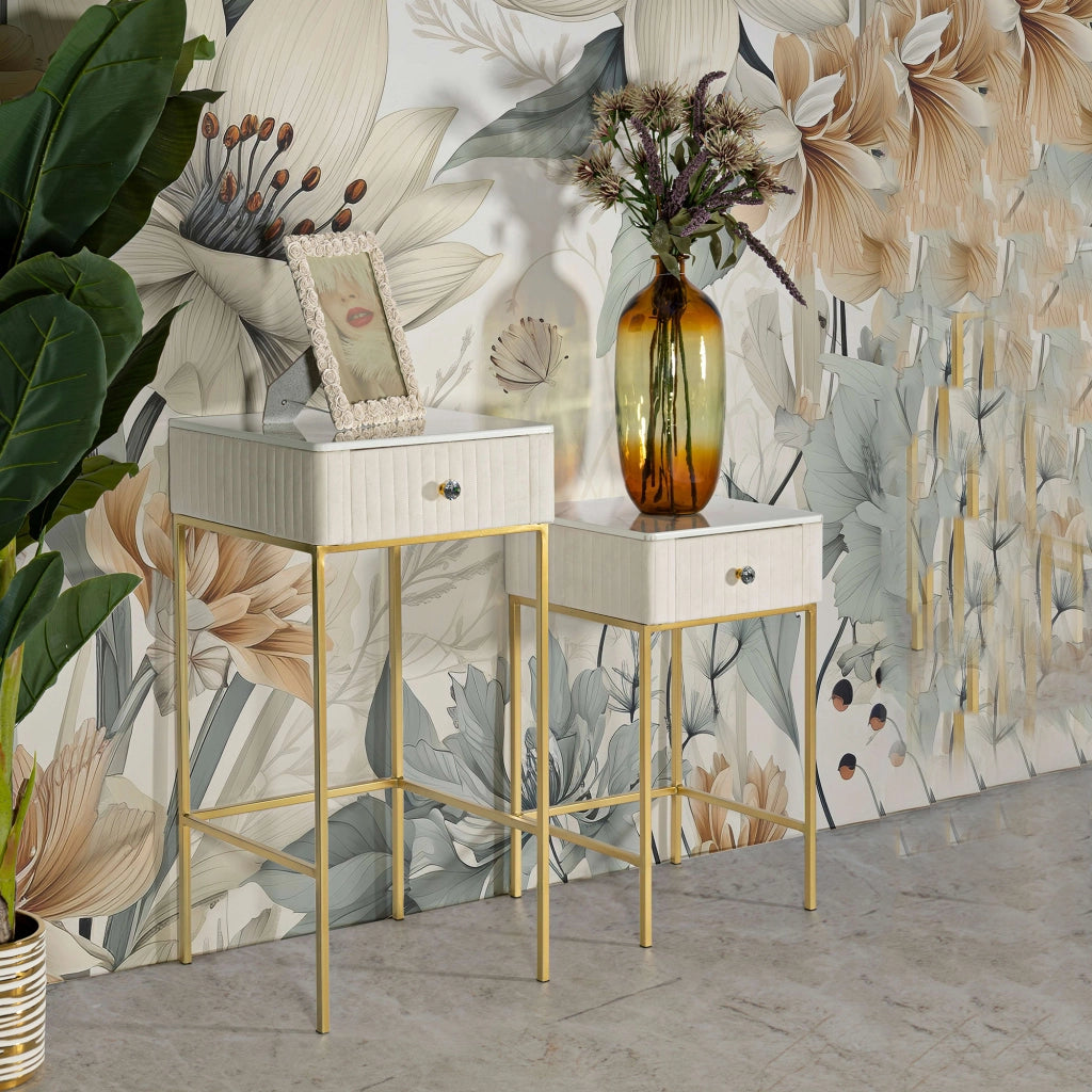 Dava, Tavolino da Salotto 2 Cassetti, 45x45x90h cm Bianco Crema