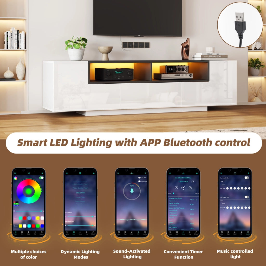 Mobile TV con LED e cassetto 180x40x48 cm in pannello truciolare bianco