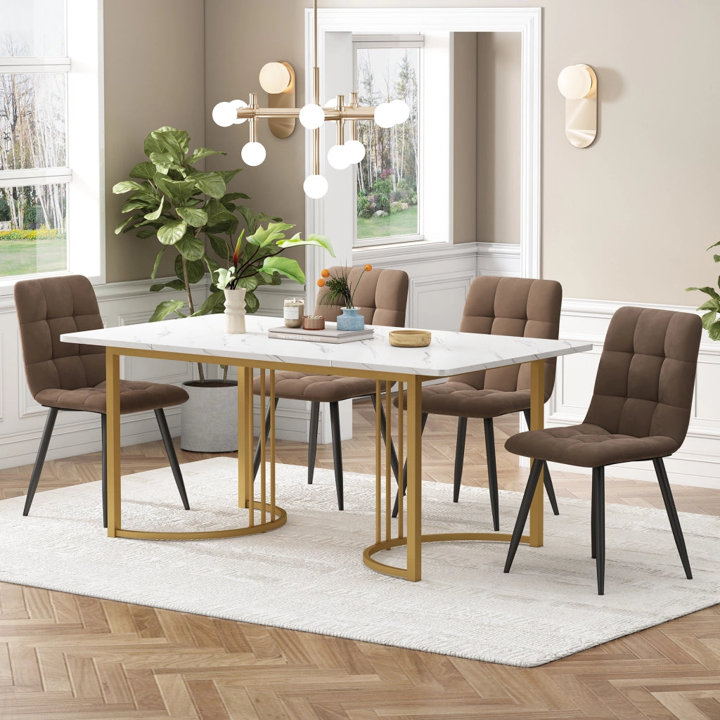 Tavolo da pranzo con 4 sedie, piano in MDF effetto marmo e gambe in metallo, cucina e sala da pranzo, bianco, 140 × 80 cm
