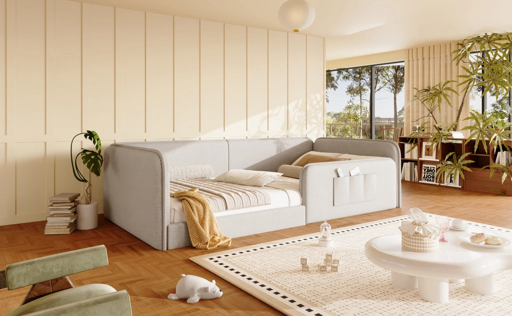 Letto a Piattaforma 90x200 Imbottito in Lino Letto Singolo Beige