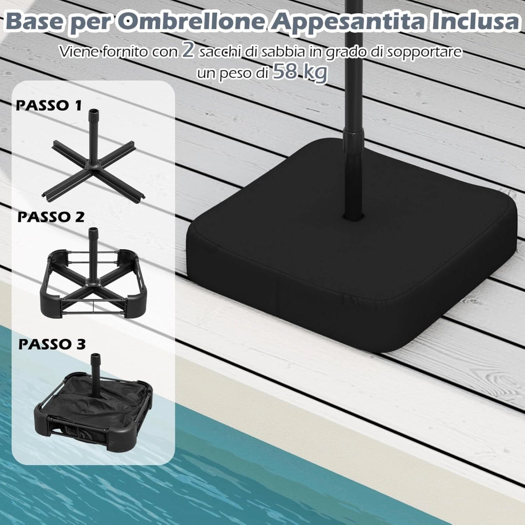 Ombrellone Doppio da Giardino 443 x 263 cm, Ombrello Rettangolare con Sistema a Manovella, Ombrellone da Giardino con Base e 12 Costole, per Sabbia, Cortile (Grigio)