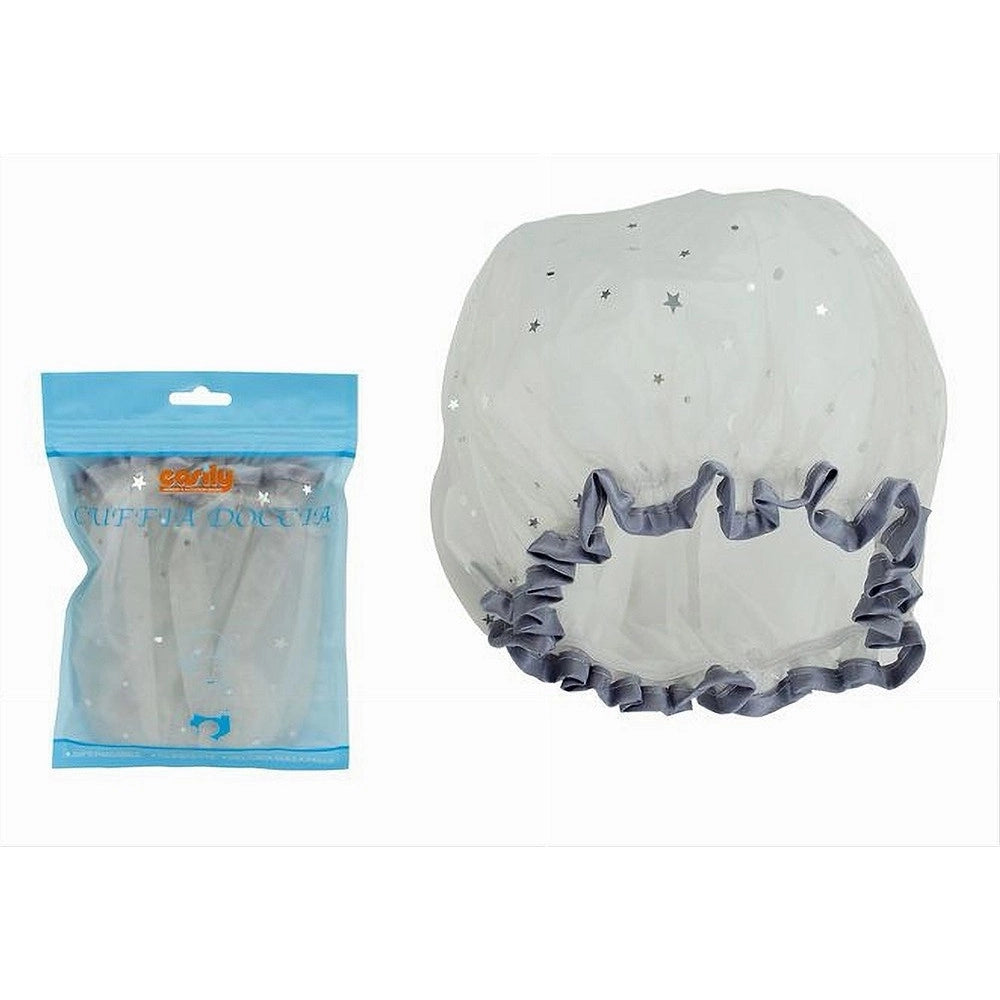 Trade Shop - Set 2pz Cuffia Doccia Bagno Elastico Bordino Grigio Stelle Protegge Capelli 79611 -