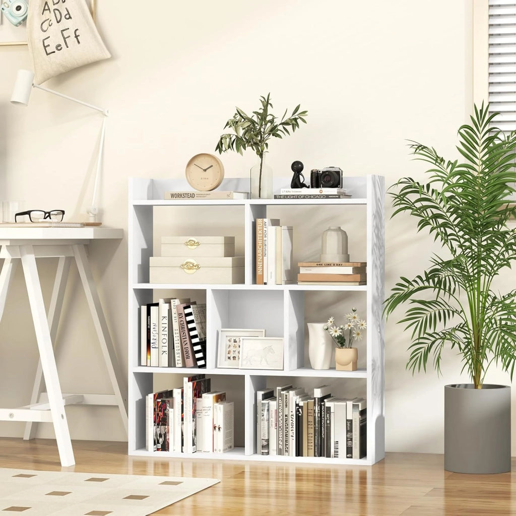 Libreria a Cubi con 7 Scomparti, Mensola Espositiva per l'Archiviazione, Libreria in Legno con Dispositivi Anti-Ribaltamento, per Studio Soggiorno, 80x20x90 cm (Bianco)
