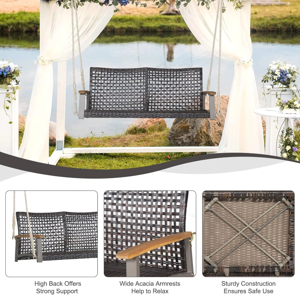 Altalena in vimini per 2 persone in rattan PE con schienale curvo per esterni, corde resistenti, capacità di carico di 360 kg, per terrazza, patio, giardino, balcone