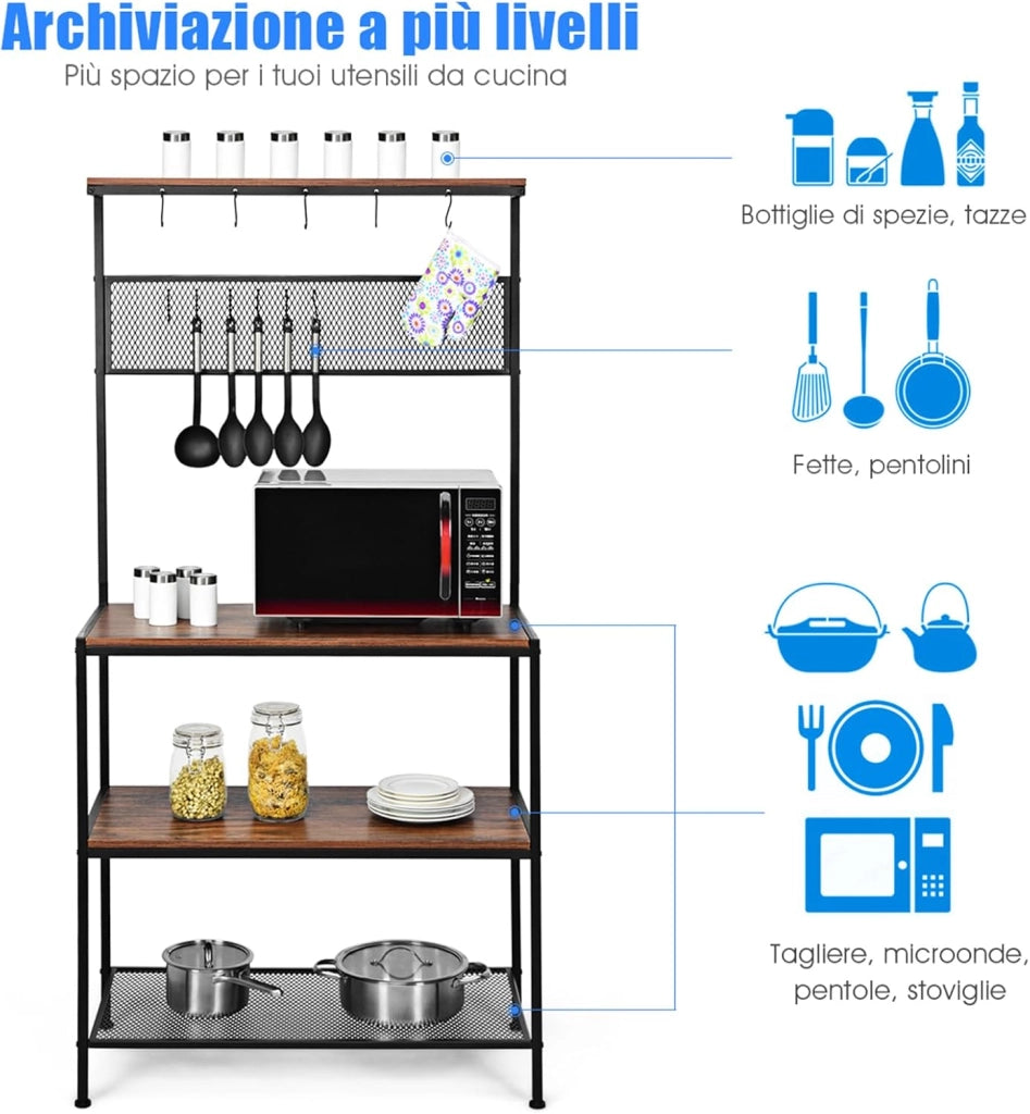 Scaffale per Panetterie con 4 Ripiani, Mobile per Microonde con 11 Ganci, per Cucina