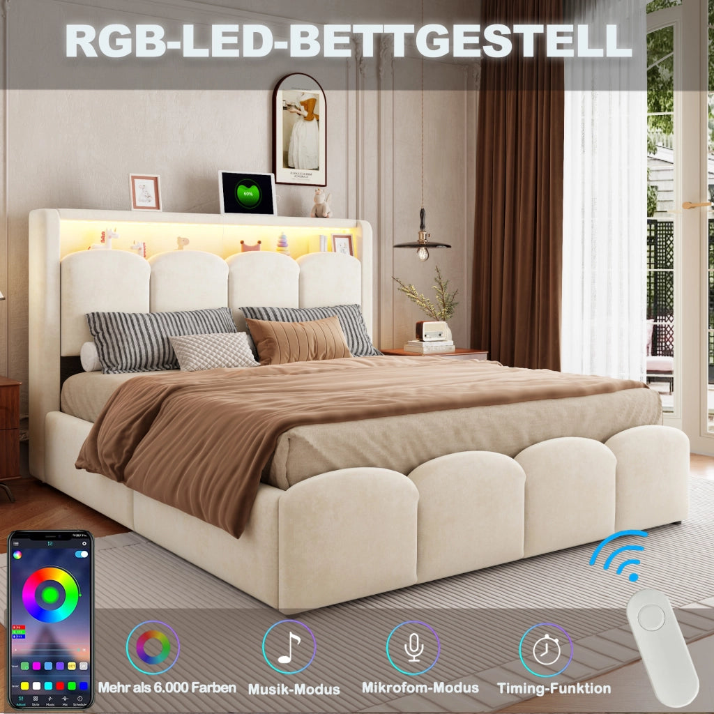 Letto matrimoniale imbottito 140x200 cm con USB; LED e contenitore; beige
