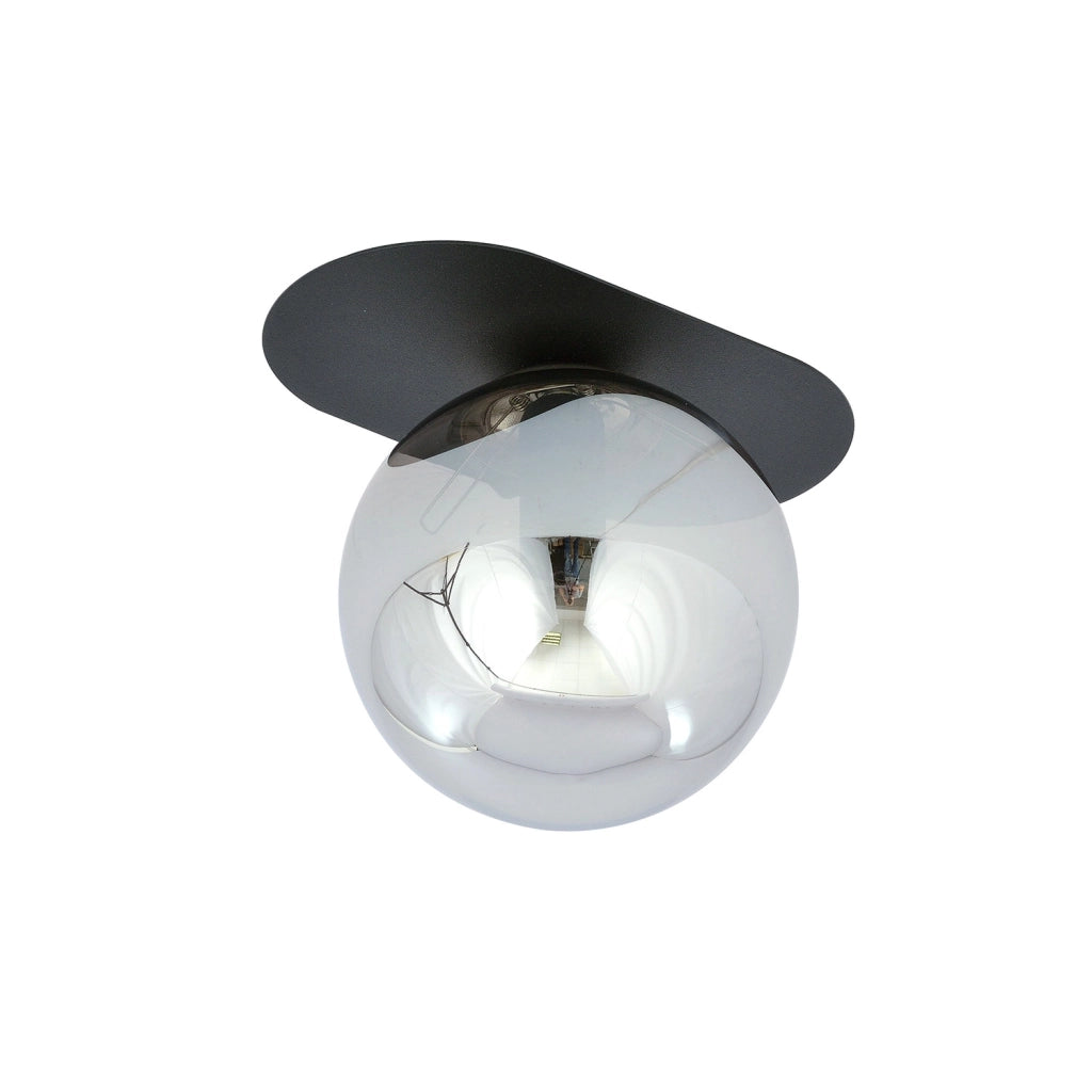 Plafoniera Minimal 1 Luce Teia In Acciaio Nero E Sfera Vetro Fumè