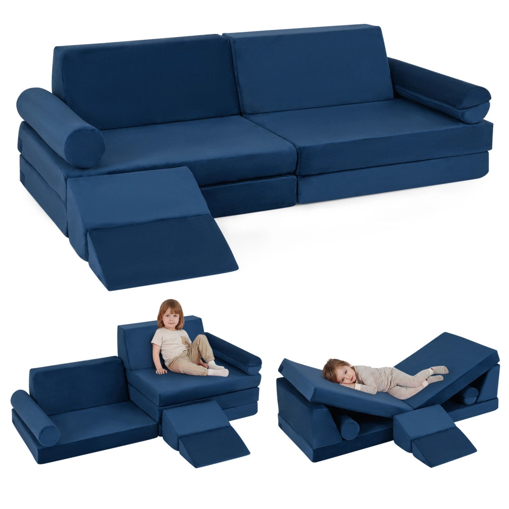 Divano componibile per bambini con rivestimento in velluto cristallo, Divanetto modurale sottovuoto a 10 pezzi Blu