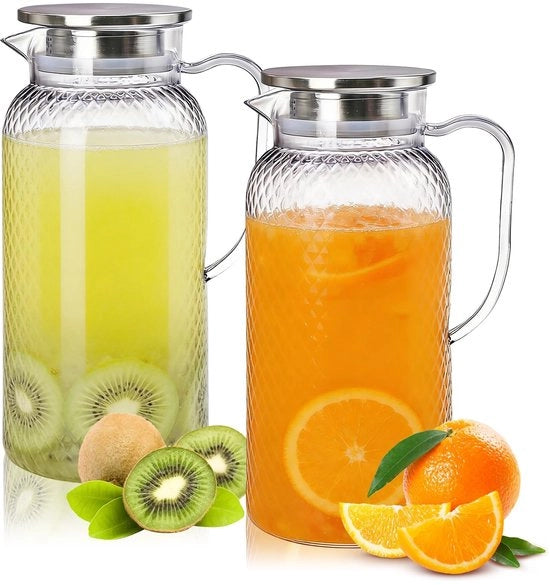 Set di acqua 1800 ml - Vaschetta in acciaio inossidabile - Caraffa trasparente - Vaschetta in plastica con coperchio - Maniglia - Set da 2 pezzi