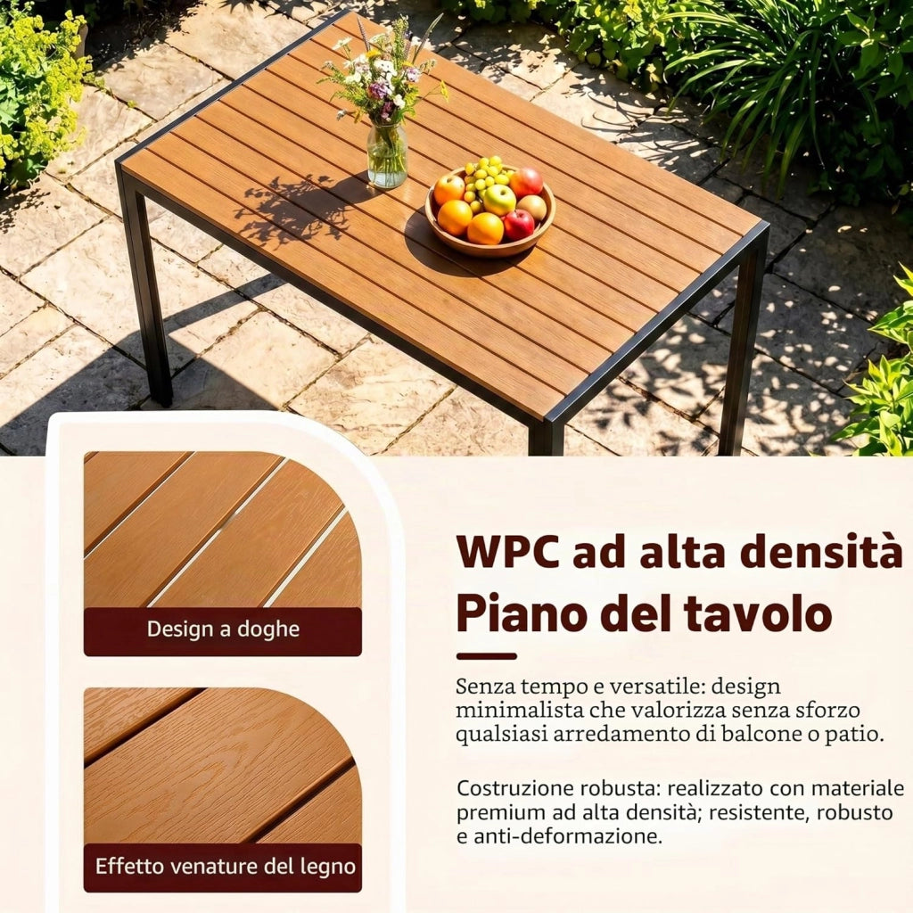 Tavolo da Giardino Moderno in WPC 110 x 70 cm, Tavolo da Pranzo per Esterno per 4-6 Persone, Tavolo da Balcone Salvaspazio in Alluminio, Design Effetto Legno,Marrone Teak