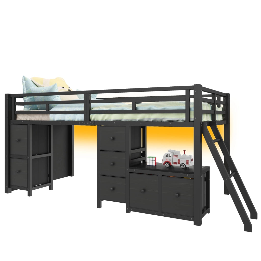 Letto a mezza altezza 90x200 cm salvaspazio con 7 cassetti in tessuto; mensole; area gioco e LED 7 colori; nero