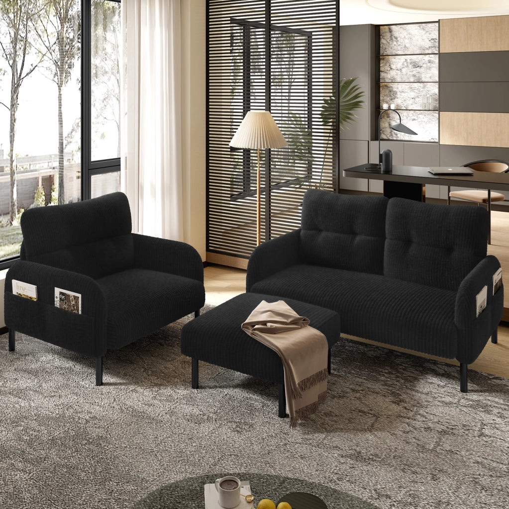 Divano 2 posti 120x75x79 cm con tasca laterale in cord nero