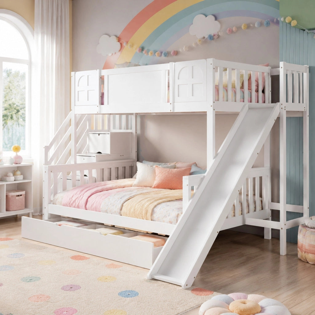 Letto a castello per bambini con scivolo e cassetto