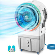 Ventilatore Raffrescatore d’Aria Evaporativo 150W – Tanica 50L con Collegamento Diretto Acqua, LED RGB, Timer e Telecomando, Ideale per Capannoni, Ristoranti, Eventi