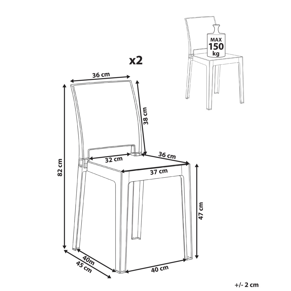 Set di 2 sedie da pranzo in materiale sintetico trasparente, senza braccioli, impilabili dal design moderno