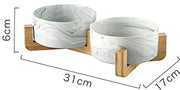 Piatto per cani in ceramica con contenitori in bambù, piatti per cani in ceramica con contenitori in legno (doppio 13,5 cm, marmo bianco)